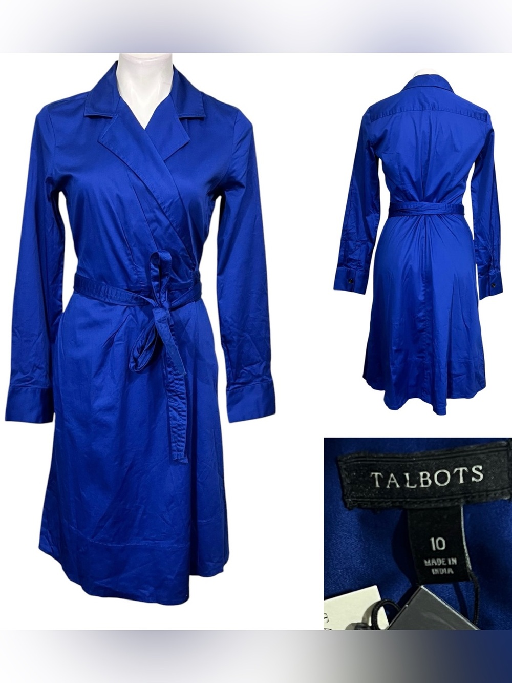 Talbots Wrap Dress 10 long sleeve Tie Waist cotton blend knee length fall office